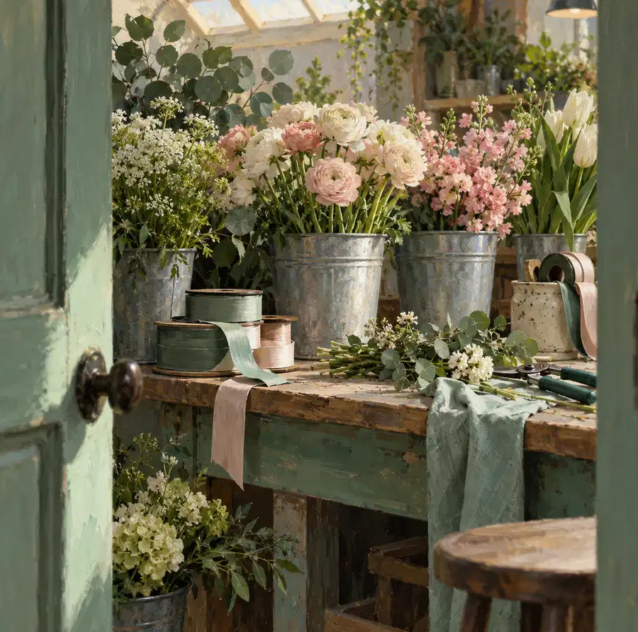 Illustration of floral businesses equipment and workspace