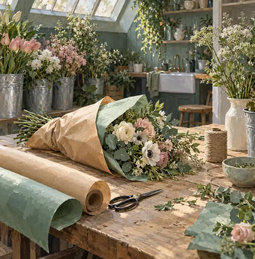 Illustration of floral businesses equipment and workspace
